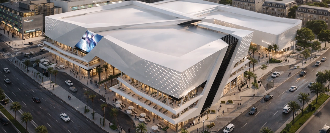 Open atrium connecting retail spaces and pedestrian circulation inside Century Corner mall.