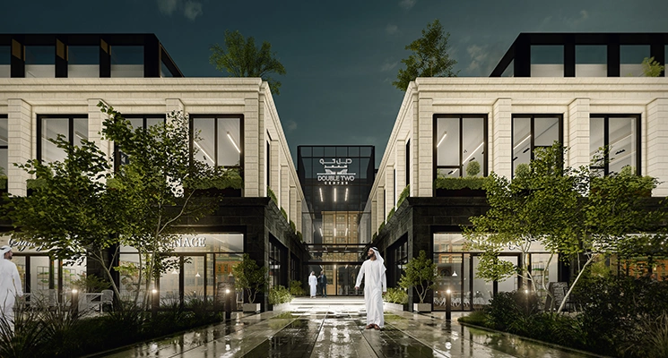 واجهة مشروع Double Two متعدد الاستخدامات في الرياض بتصميم معماري حديث يجمع بين المحلات والمكاتب
