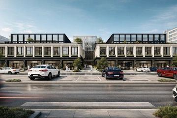 الدور الأرضي لمشروع Double Two المخصص للمحلات التجارية مع واجهات زجاجية ومساحات مفتوحة للمشاة