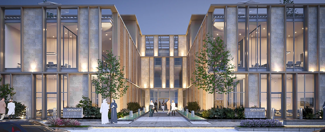 Landscaped central spine of GHOSNA project showing pedestrian-friendly walkways and green urban design elements.