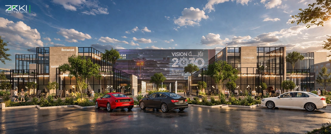 A vibrant pedestrian-focused commercial plaza with outdoor seating areas, landscape design, and social interaction spaces in Buraidah.