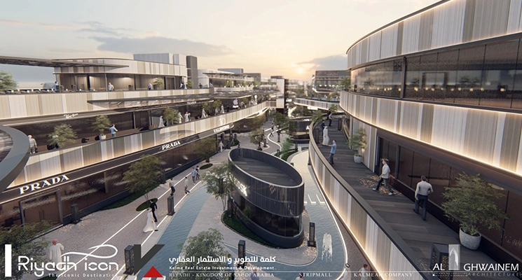 Elevated terraces at Riyadh Icon featuring outdoor dining seating overlooking a vibrant commercial promenade.