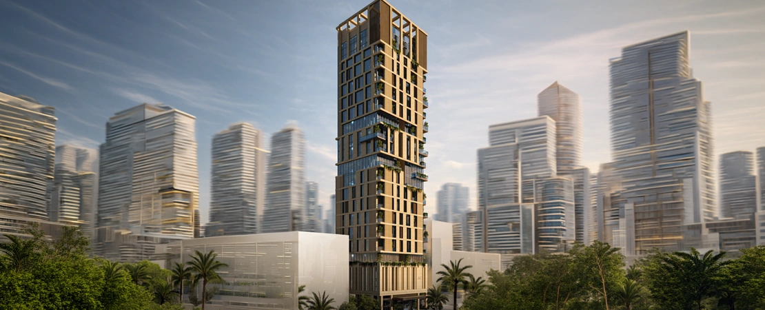 Illuminated residential tower at night showcasing elegant lighting design and urban presence in Riyadh skyline