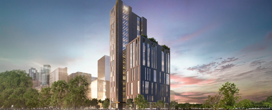Night view of KHALED TOWER showcasing illuminated architectural grid and elegant residential atmosphere