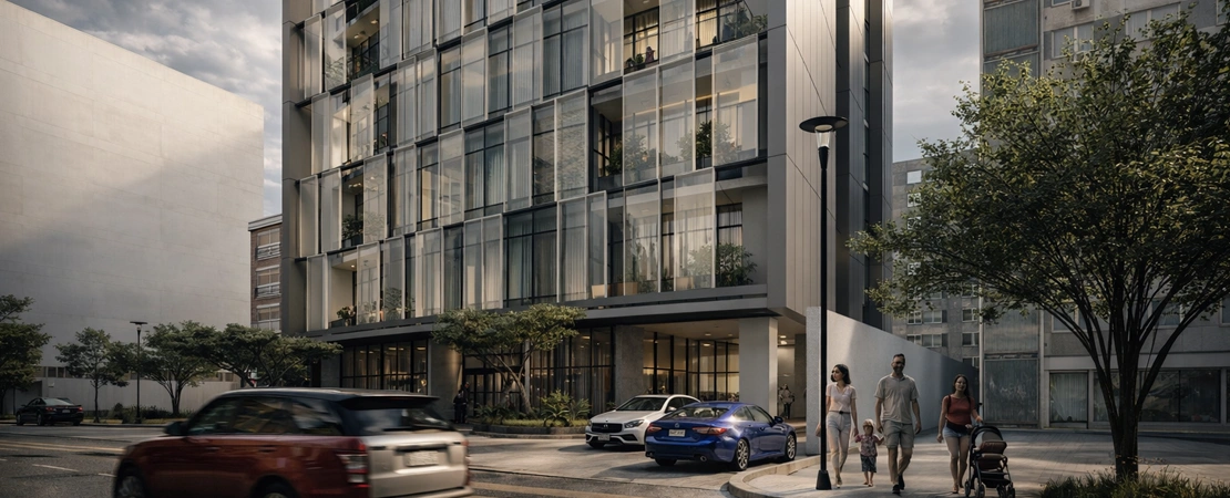 Architectural perspective of RAFA TOWER 2 showcasing fluid balcony design and horizontal façade bands