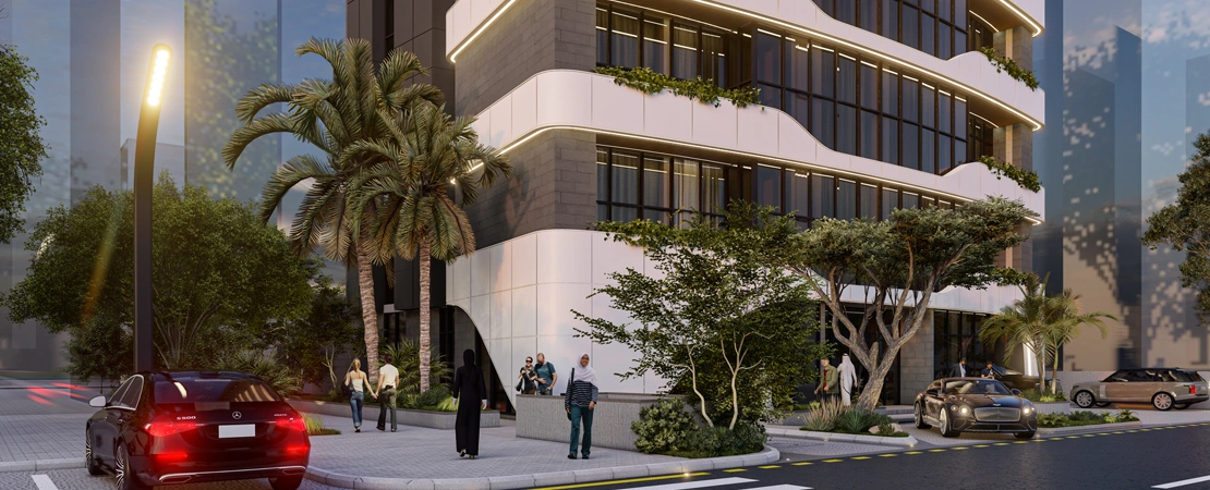 Exterior perspective of RAFA TOWER showing fluid balconies, glass façades, and integrated greenery