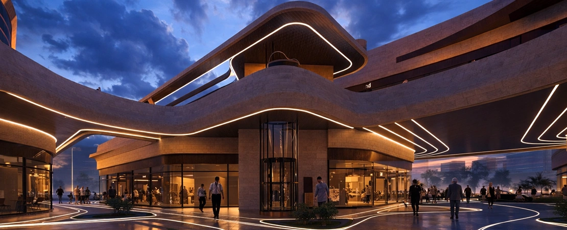 الساحة المركزية داخل مشروع STRIP MALL والتي تشكل محورًا بصريًا واجتماعيًا يعزز تجربة الزوار