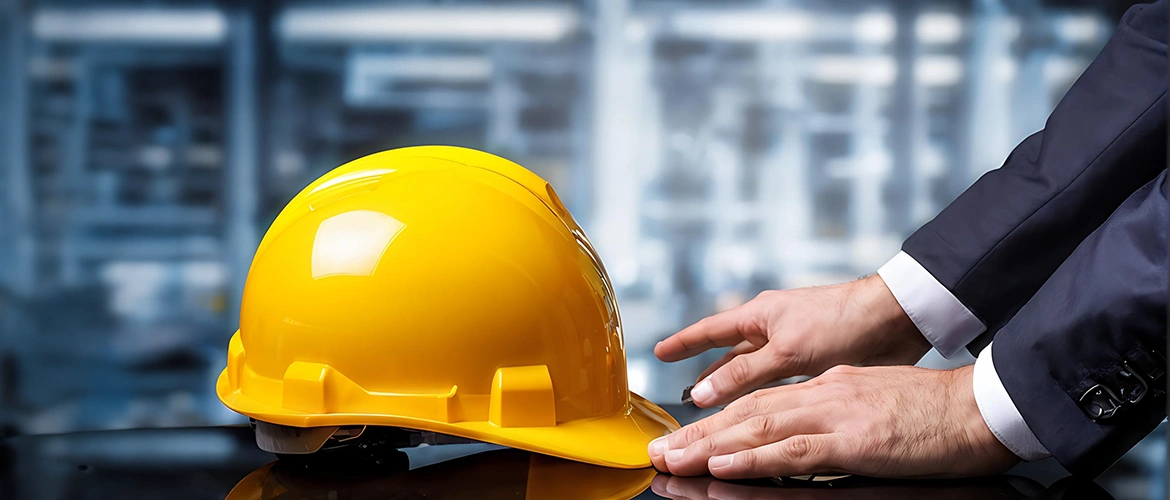 مهندس سلامة مهنية يتفقد موقع بناء ويراقب تطبيق إجراءات السلامة والصحة المهنية لضمان حماية العاملين وتقليل المخاطر في المشاريع الإنشائية.