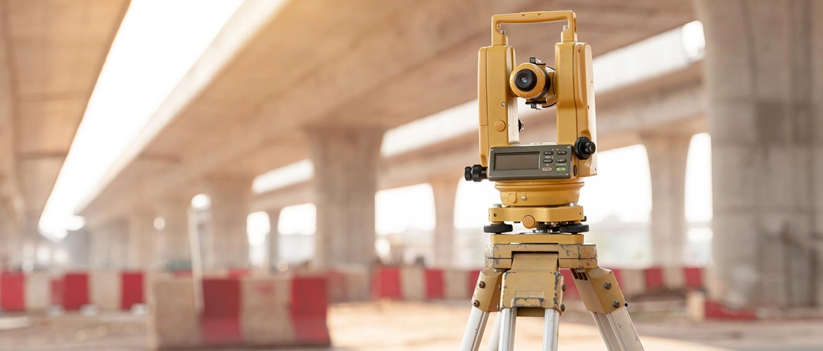 مهندس مساحة يستخدم جهاز التوتال ستيشن لإجراء أعمال الرفع المساحي في موقع مشروع هندسي بهدف تحديد الحدود والمناسيب وإعداد المخططات الدقيقة قبل التصميم والتنفيذ.