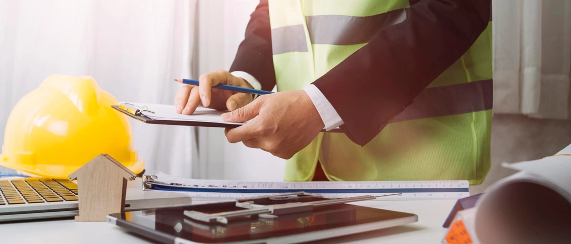مهندس سلامة يراجع مخططات أنظمة مكافحة الحريق ومخارج الطوارئ ضمن إجراءات اعتماد اشتراطات الدفاع المدني لمشروع تجاري في السعودية.